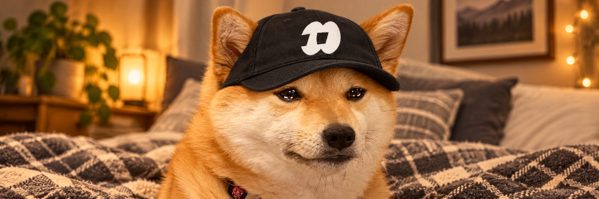 FOMO Inu resting on a bed in a cozy room