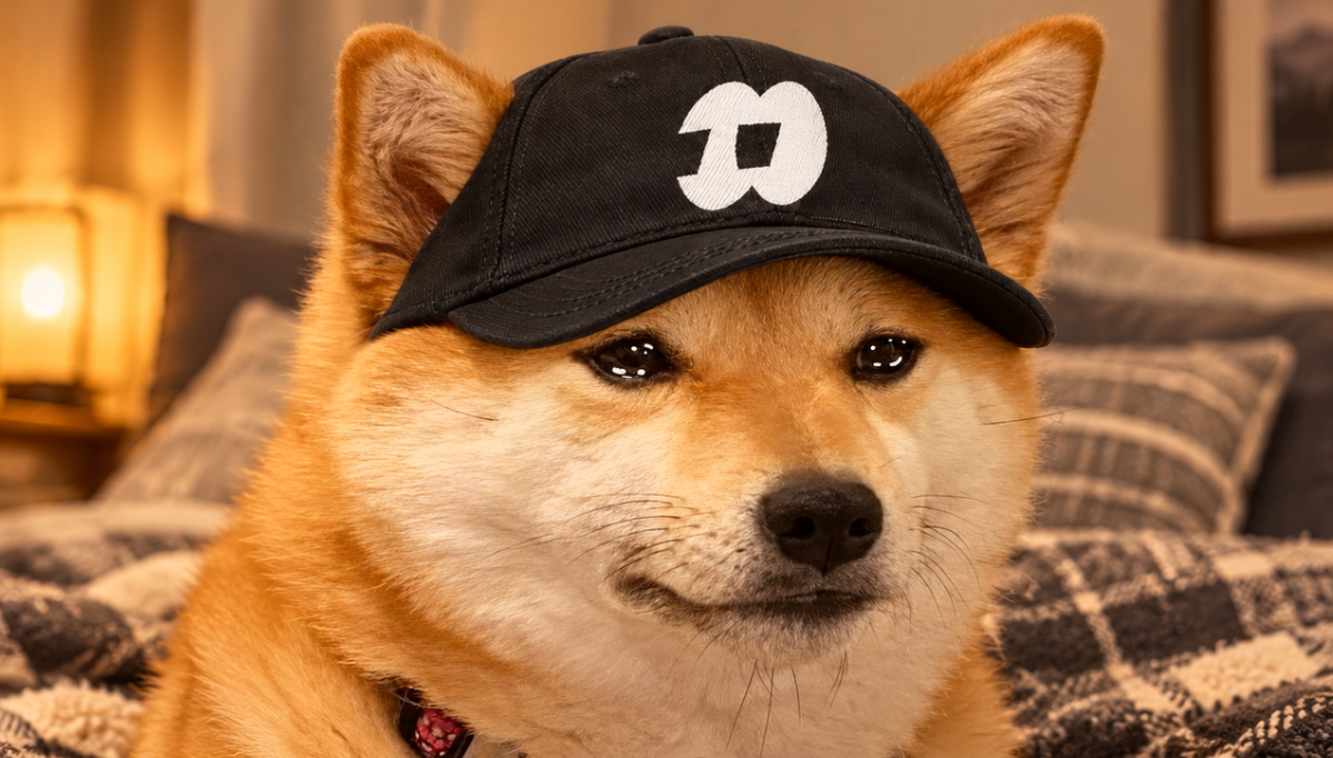 Cropped scene of FOMO Inu chilling in bed